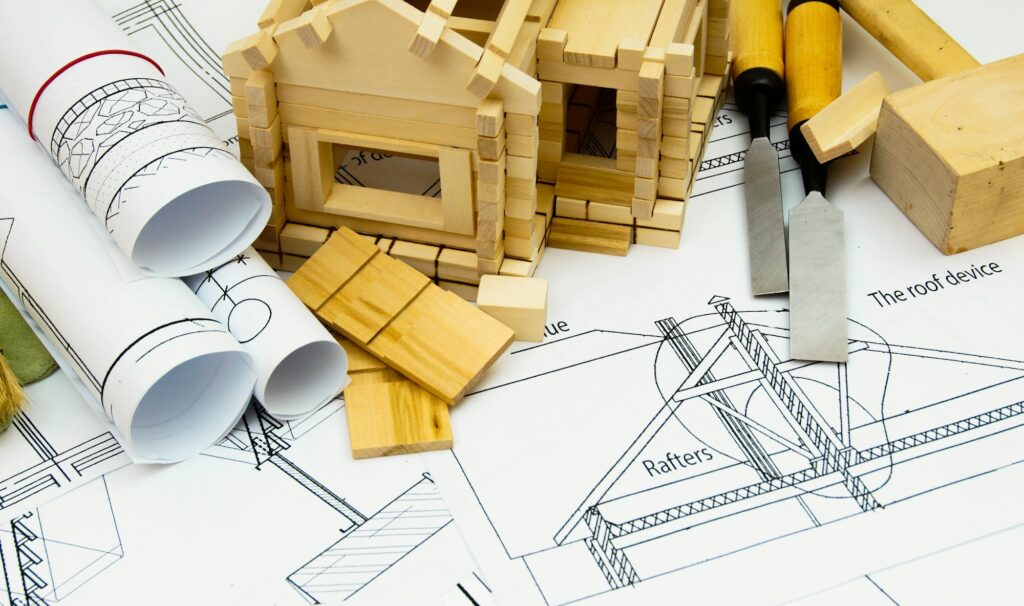 Joiner's works. Drawings for building, working tools and small wooden house.