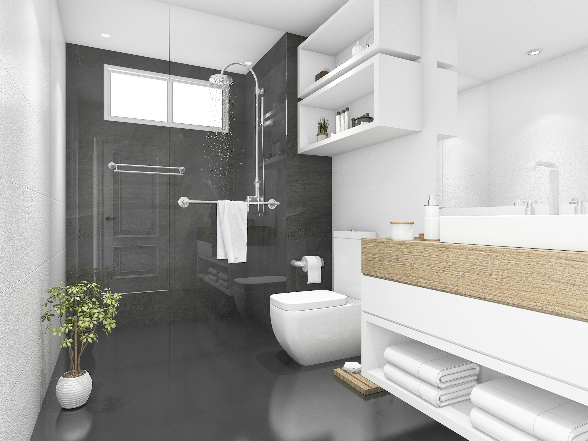 3d rendering black bathroom with shower and toilet