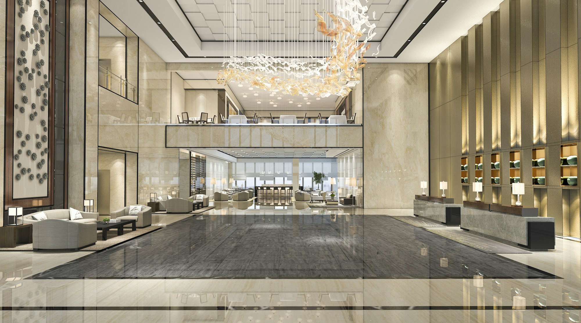 3d rendering luxury hotel reception hall and lounge restaurant